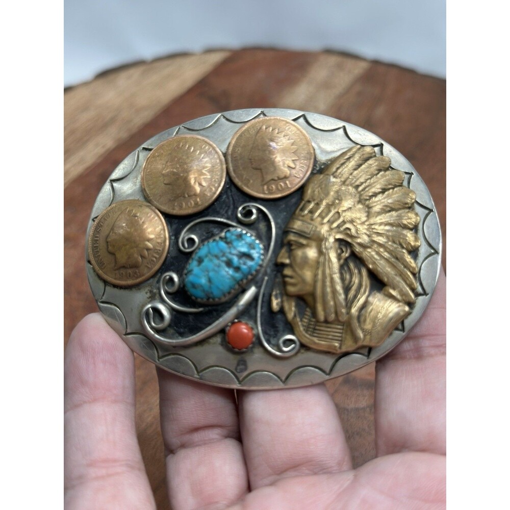 Navajo Signed Buckle Oval Indian Cent Chief Coins Turquoise Coral Silver